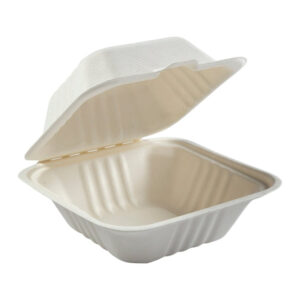 6" x 6" x 3.19" Small Sugarcane Bagasse Clamshell/Hinged Lid Containers - 500 pcs per Container