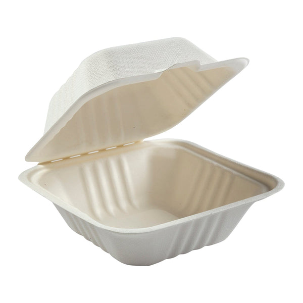6" x 6" x 3.19" Small Sugarcane Bagasse Clamshell/Hinged Lid Containers - 500 pcs per Container