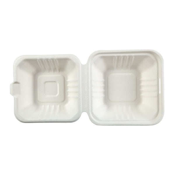 6" x 6" x 3.19" Small Sugarcane Bagasse Clamshell/Hinged Lid Containers - 500 pcs per Container - Image 4