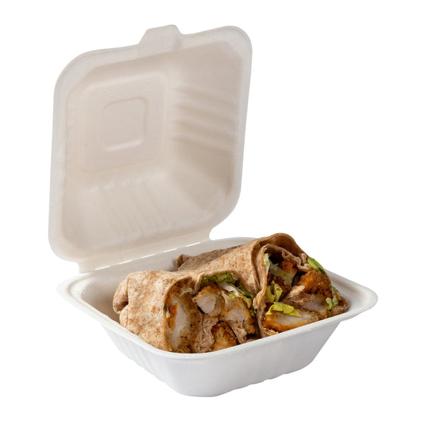6" x 6" x 3.19" Small Sugarcane Bagasse Clamshell/Hinged Lid Containers - 500 pcs per Container - Image 3